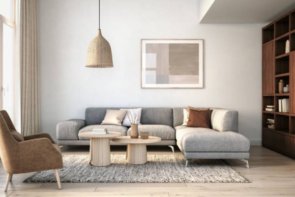 Scandinavian interior design living room 3d render with gray and beige colored furniture and wooden elements